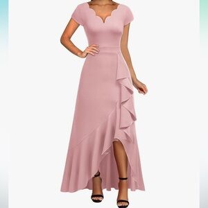 Pink High-Low Fit and Flare Dress with Flutter Sleeves